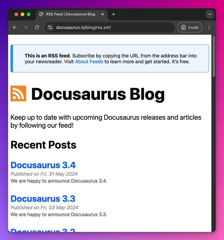 Docusaurus 博客 RSS Feed 的屏幕截图,样式精美