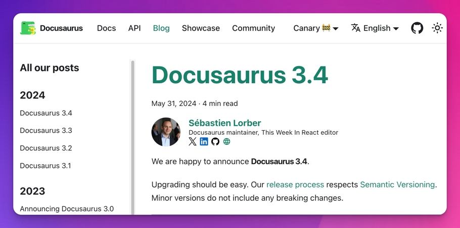 Docusaurus 博客的屏幕截图,特别是按年份分组的侧边栏项目