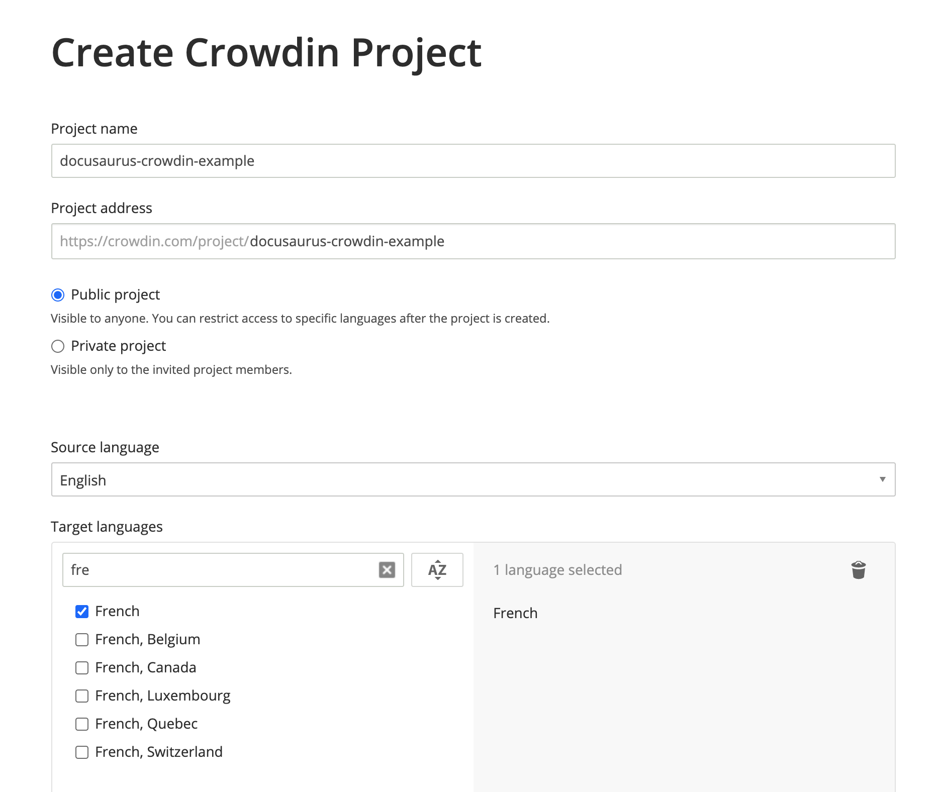 使用英语作为源语言,法语作为目标语言创建 Crowdin 项目