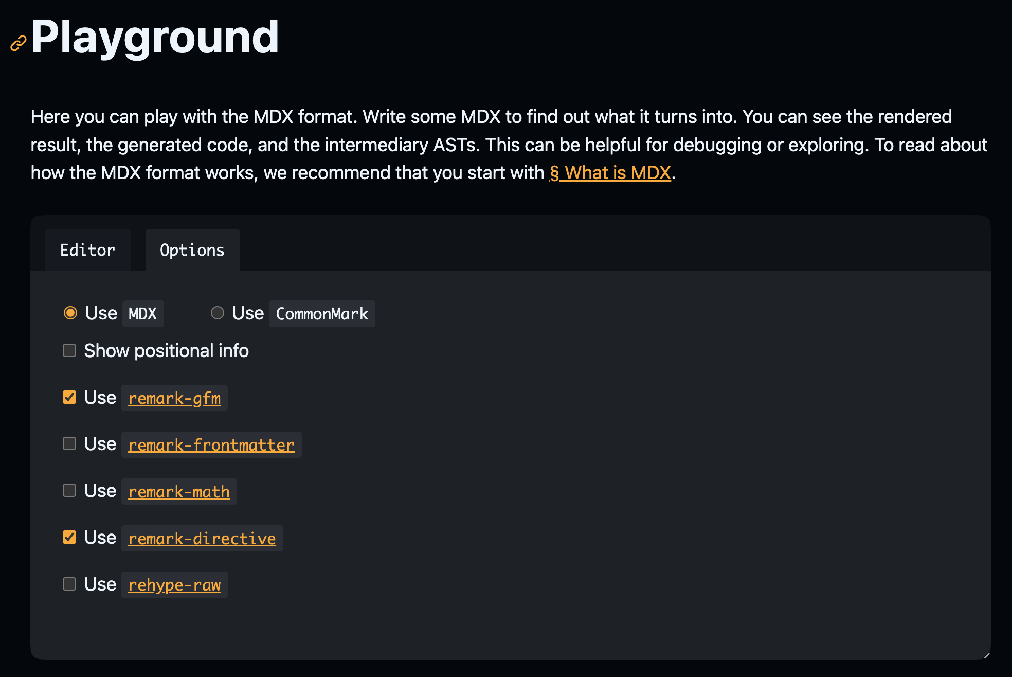 MDX playground 选项面板的屏幕截图,仅选中“使用 MDX”、“使用 remark-gfm”和“使用 remark-directive”选项